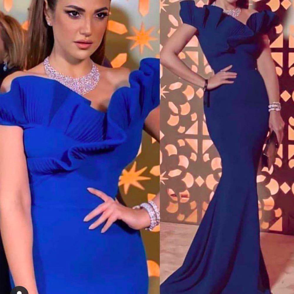 royal blue prom dresses asymmetrical neckline ruffle mermaid satin evening dresses cg13593