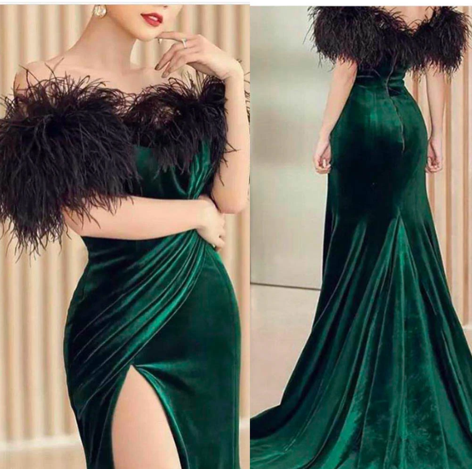 green prom dresses 2020 off the shoulder feather side slit pleats velvet evening dresses women dresses cg13595