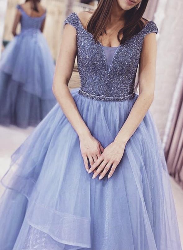 Blue tulle beads long prom gown formal dress cg13601