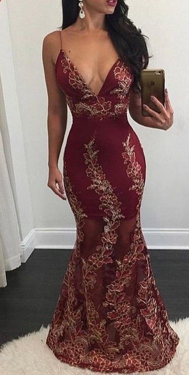 Burgundy Mermaid Prom Dresses Appliques Sexy Backless V-Neck Sheer Evening Gowns cg13617