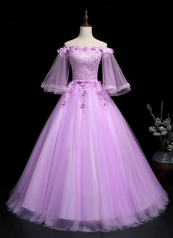 Lavender Tulle Off Shoulder Long Strapless Formal Prom Dress With Sleeve cg13624