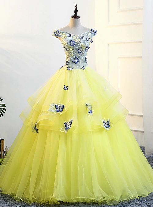 Yellow Tulle Off The Shoulder Butterfly Appliques Quinceanera prom Dresses cg13626
