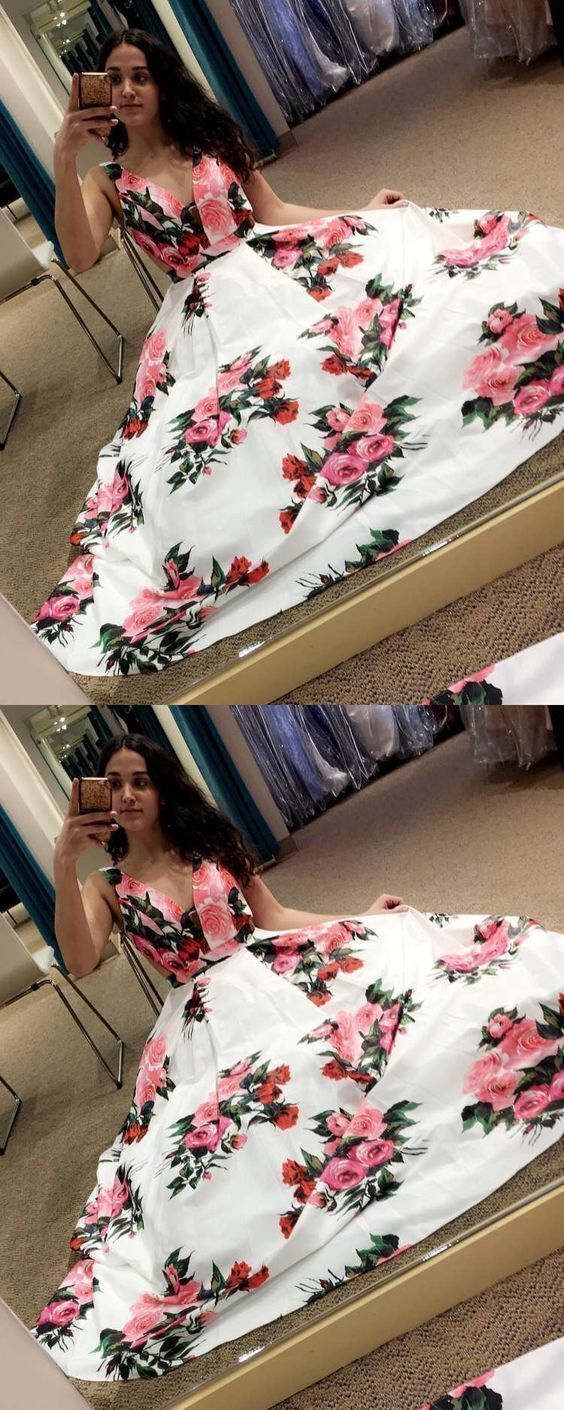 Charming V neck Floral Long Prom Dresses, Formal Evening Gown cg13631