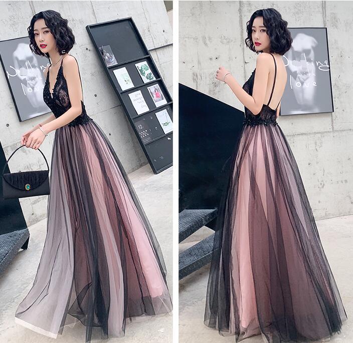 Fashionable Pink And Black Tulle V-Neckline Party prom Dress, Pink Lace Applique Evening Gown cg13634