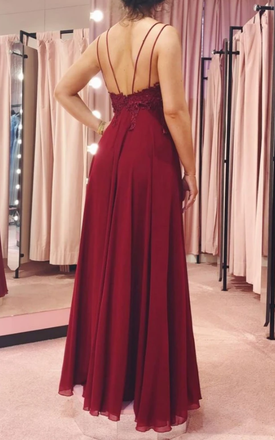 V Neck Backless Burgundy Lace Long Prom Dress, Backless Burgundy Lace Formal Dress cg13643