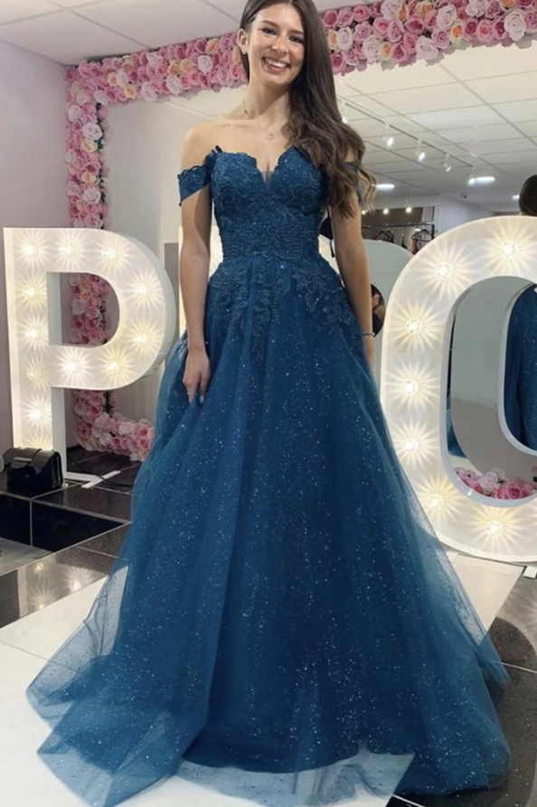 Shiny Off the Shoulder Blue Lace Long Prom Dress, Off Shoulder Blue Lace Formal Dress cg13644