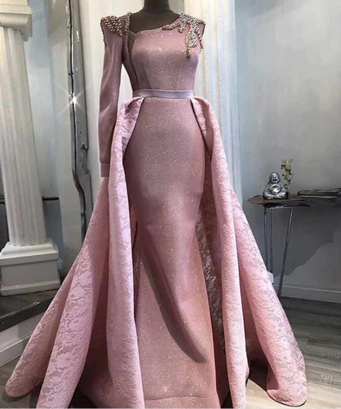 pearls prom dresses 2020 long sleeve detachable skirt belt evening dresses cg13651