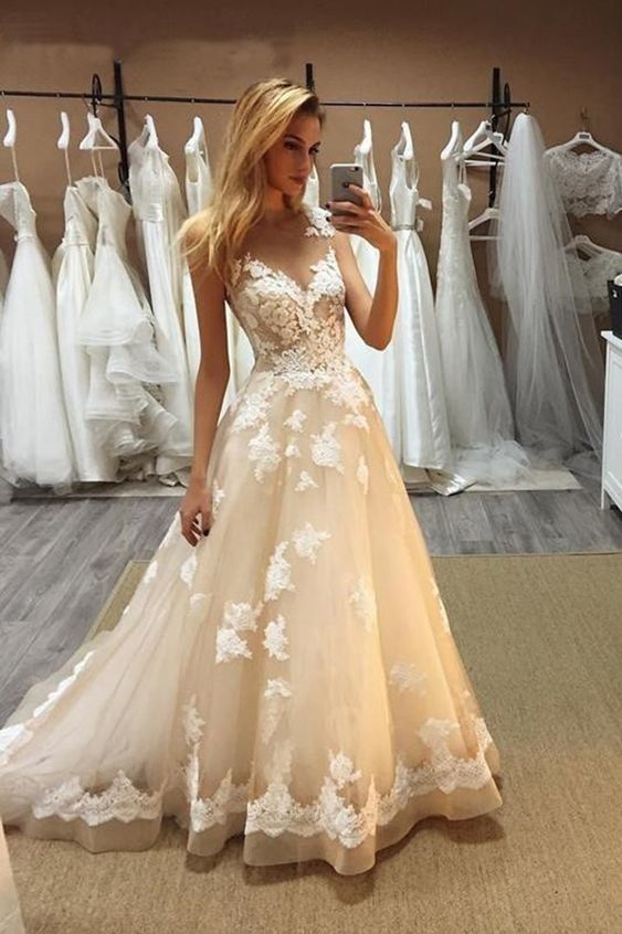 Elegant V Neck Sleeveless Tulle Lace Prom Gown with Appliques cg13669