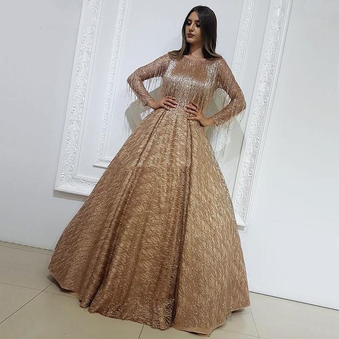 Glitter Prom Dresses Tassel Beaded 2020 Long Sleeves Dubai Evening Gown cg13692