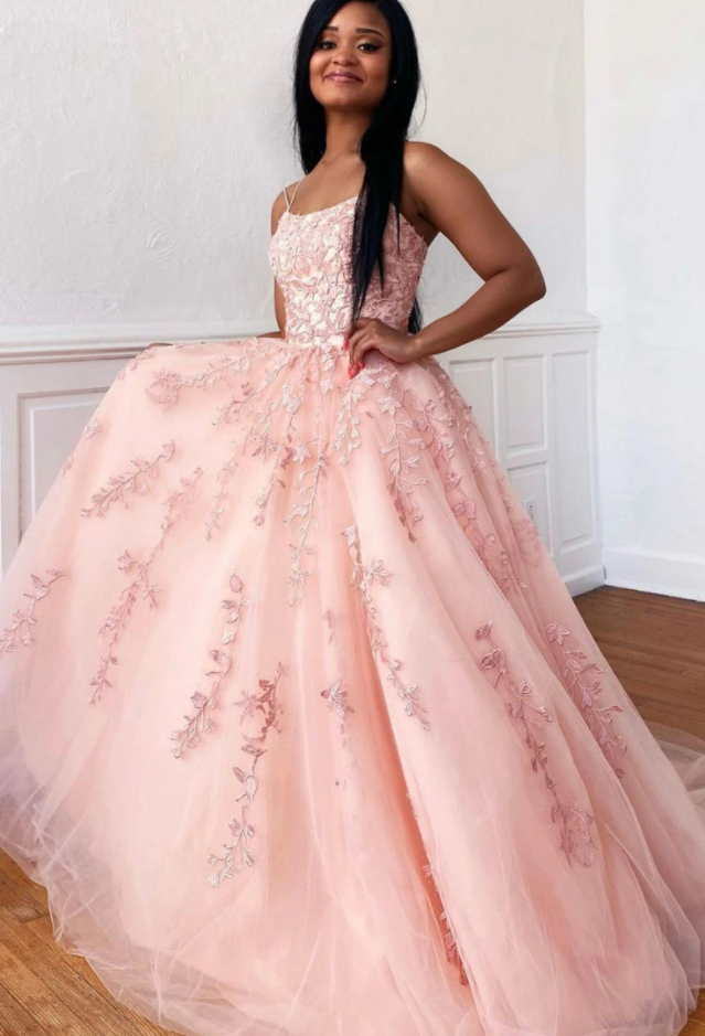 Pink tulle lace long prom dress pink lace formal dress cg13704