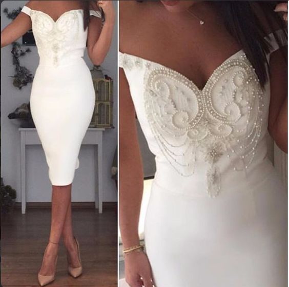 New Fashion Elegant Short Sheath Prom Dresses Off the Shoulder Short Sleeve Pearls Party Dress cg13729