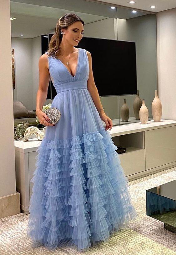 Blue A-line V Neck Long Prom Dress cg13738