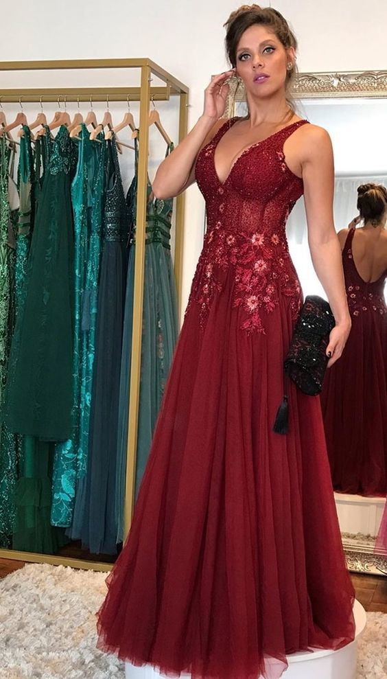 A-line V Neck Long Prom Dress With Appliques cg13739