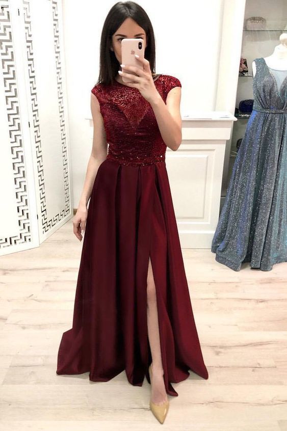 A Line Burgundy Cap Sleeve Prom Dresses Long Beading Slit Evening Party Dresses cg13770