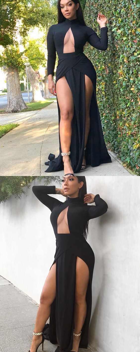 High Neck Black Cutout Long Evening prom Dress with Side Slit cg13778