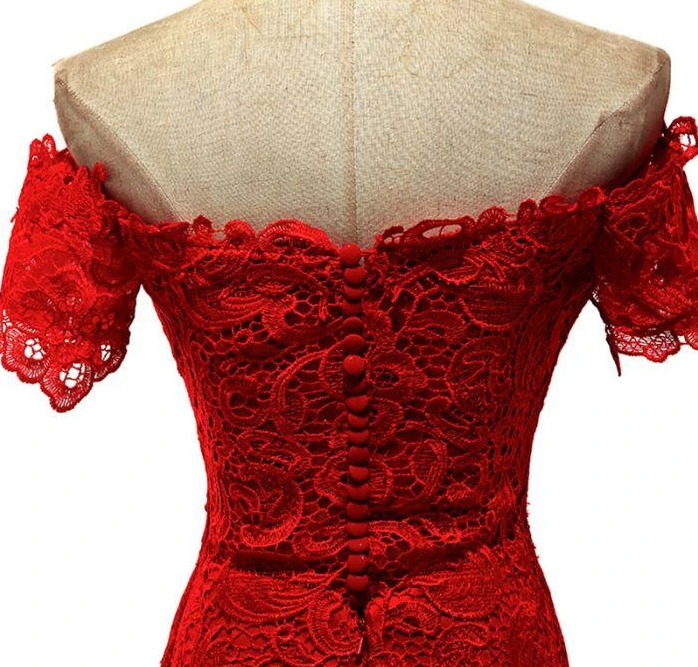 Red Lace Mermaid Long Wedding Party Dress, Off Shoulder Lace Bridesmaid prom Dress cg13783