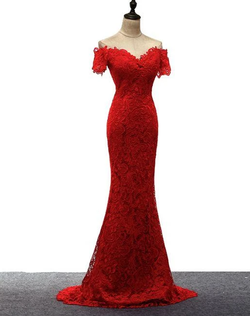 Red Lace Mermaid Long Wedding Party Dress, Off Shoulder Lace Bridesmaid prom Dress cg13783