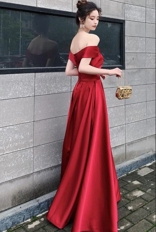 Red Satin Off Shoulder Fashionable Long Prom Dress, New Style Party Dress cg13784