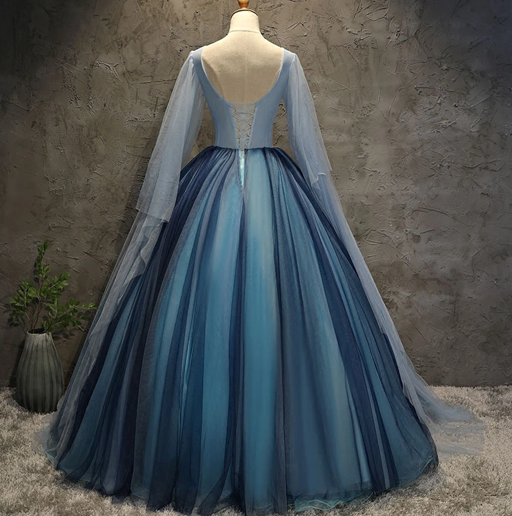 Blue Tulle Ball Gown Long Sweet 16 Dress With Lace Applique, Prom Dress cg13785