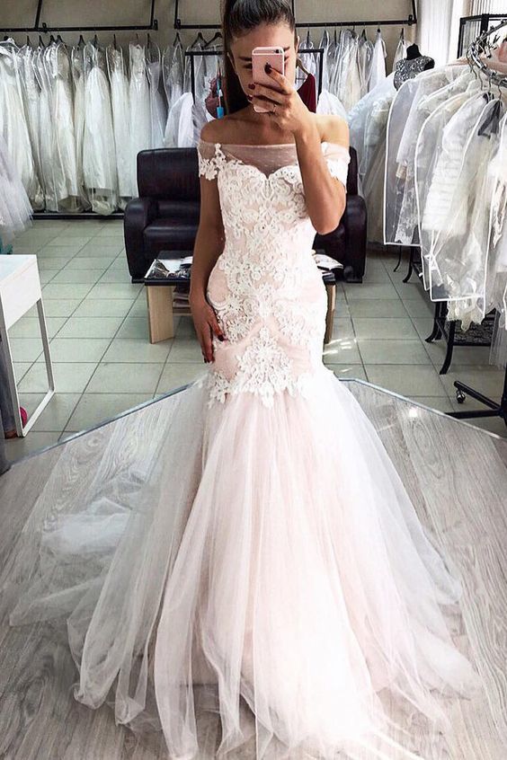 Mermaid Off Shoulder Pink Long Wedding Dress with Appliques Prom Gown cg13791
