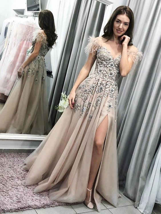 Champagne tulle lace long prom dress champagne tulle formal dress cg13795