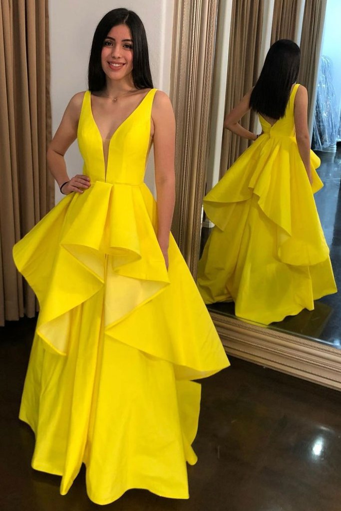 SIMPLE YELLOW V NECK SATIN LONG PROM DRESS YELLOW FORMAL DRESS cg13813
