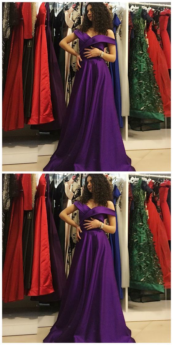 A-Line Off The Shoulder Purple Satin Prom Dress cg13825