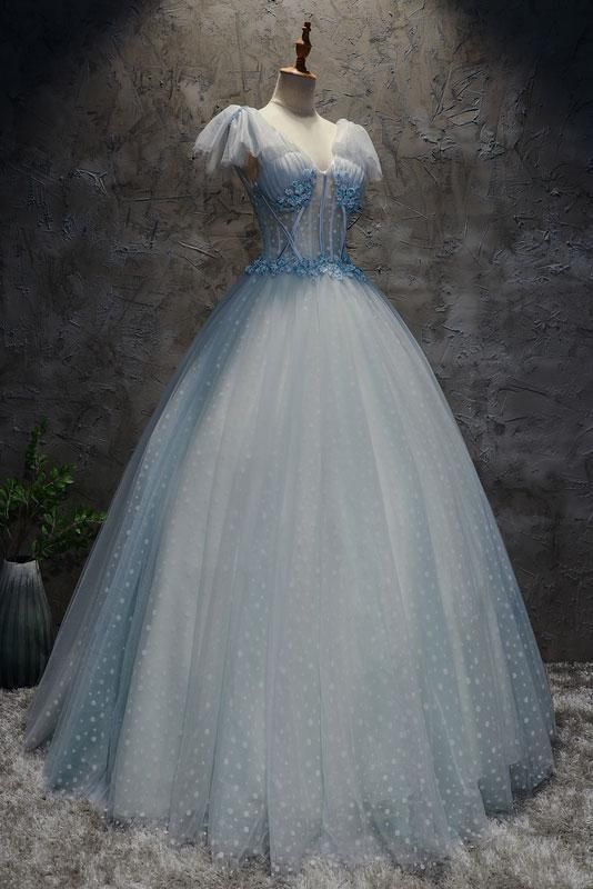 Light blue tulle long prom dress, blue tulle evening dress cg13828