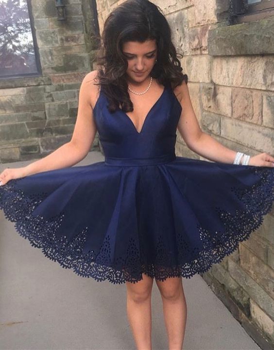 A-line V Neck Navy Blue Homecoming Dress, Short Homecoming Dress cg13833