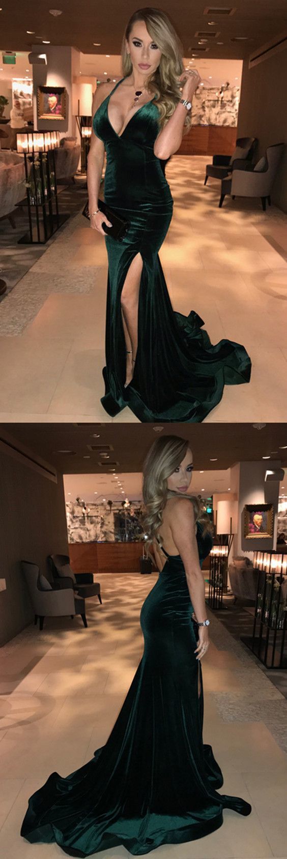 Modest Prom Dresses Long Dark Green Evening Dresses With Slit, Velvet Graduation Dress V Neck cg13837