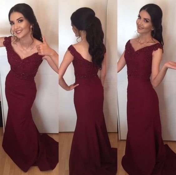 Sexy Appliques Mermaid Evening Dress, Burgundy Long Prom Dresses cg13871