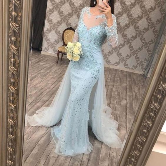 2020 Luxurious Beading Crystals Mermaid Evening Dresses Long Sleeves Detachable Train Formal prom Party Gowns cg13872