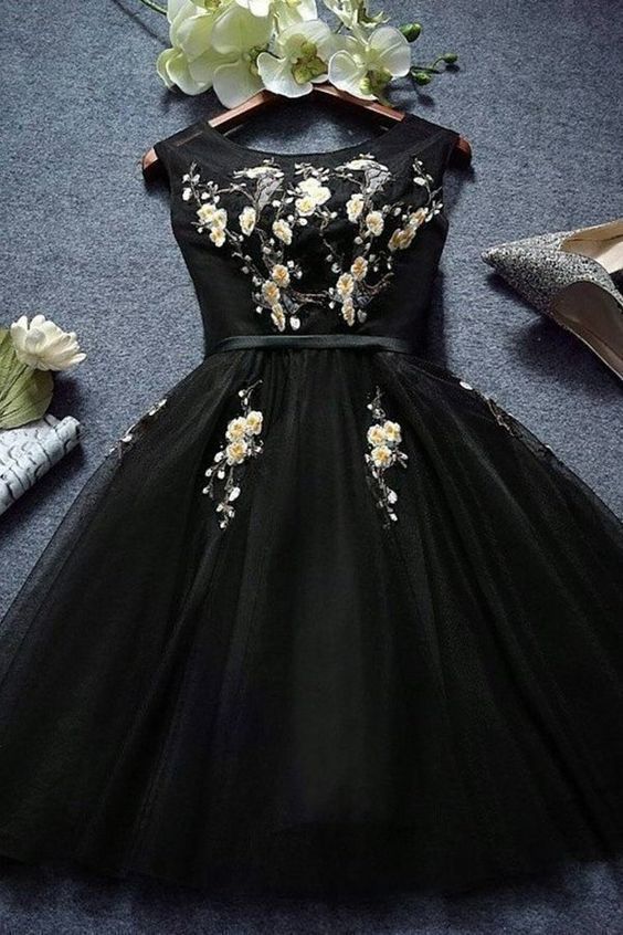 Black Scoop A Line Tulle With Applique Homecoming Dress cg13890