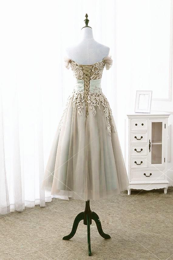 Light Champagne Vintage Style Tea Length Off Shoulder Party Dress, Bridesmaid Dress Homecoming Dress cg13899