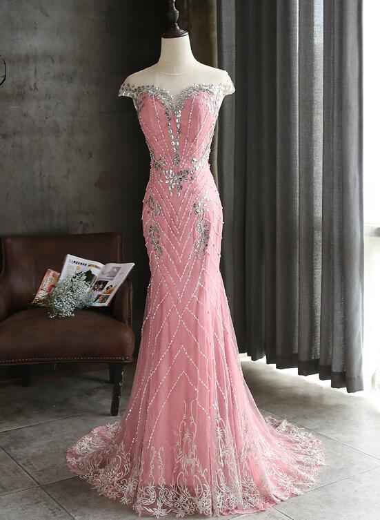Pink Lace Mermaid Sequins With Lace Applique Party Dress, Pink Long Prom Dress Party Dress cg13900
