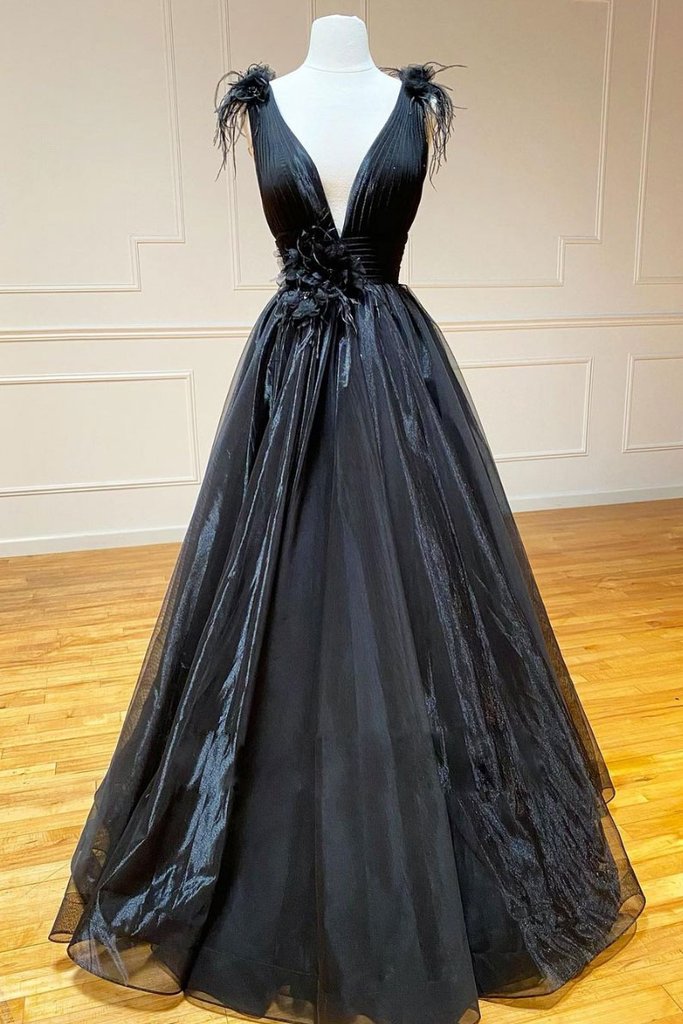 BLACK V NECK TULLE LACE LONG PROM DRESS BLACK TULLE FORMAL DRESS cg13903