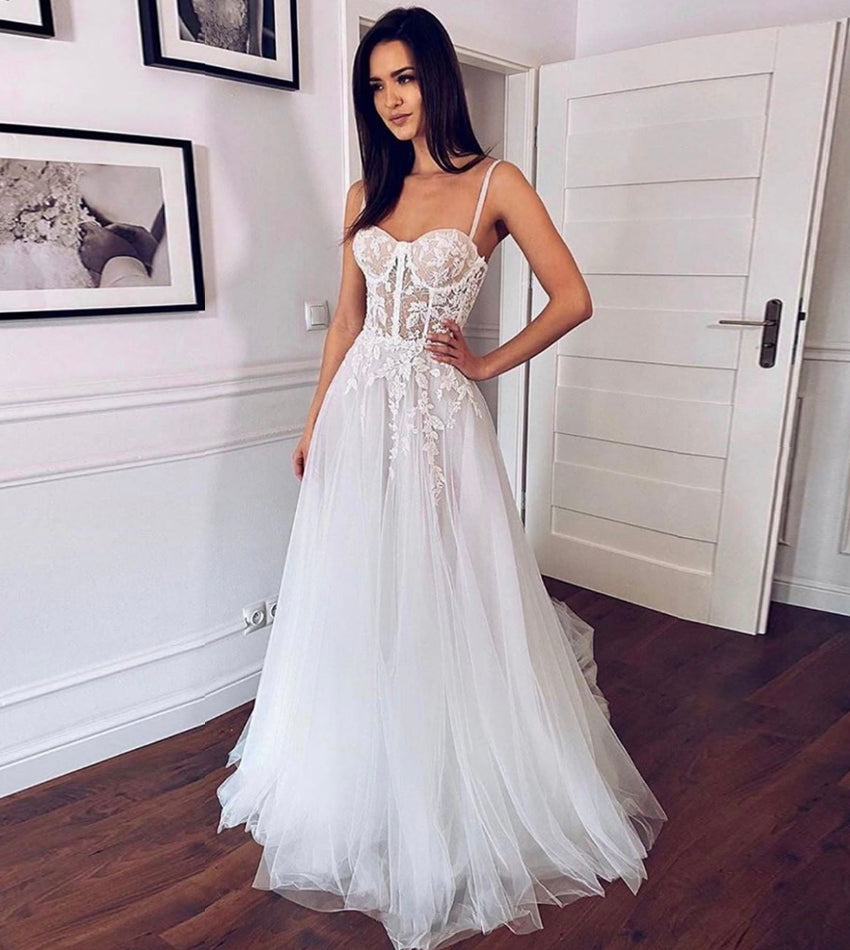WHITE TULLE LACE LONG PROM DRESS EVENING DRESS cg13904