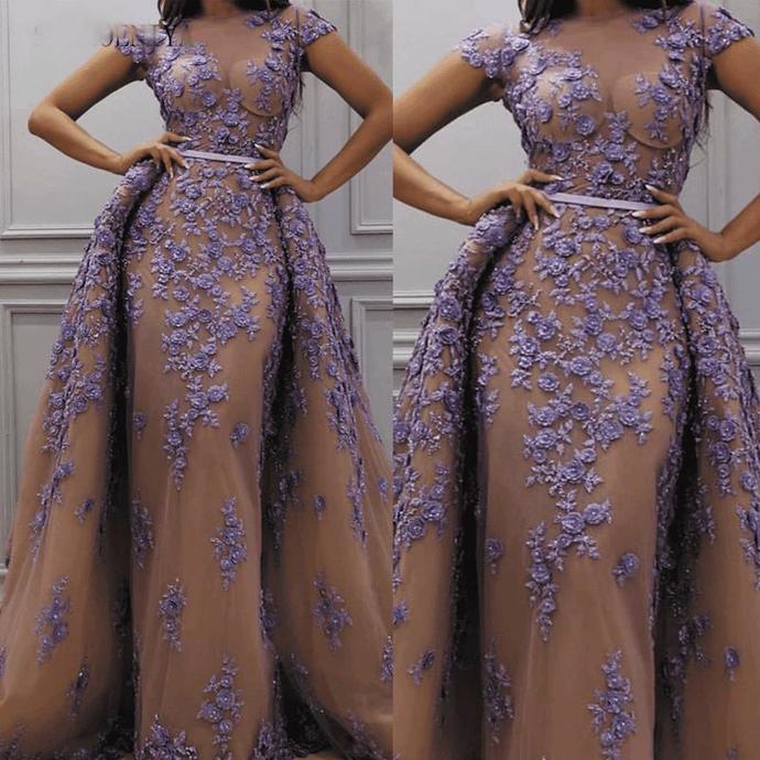 lace prom dresses sheer crew neck cap sleeve detachable skirt evening dresses cg13917