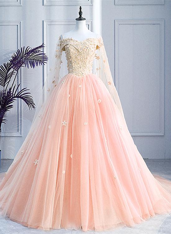 Pink Off Shoulder Tulle With Flowers Ball Gown Sweet 16 Dress, Pink Quinceanera prom Dress cg13927
