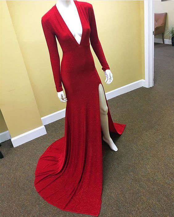 Long Sleeves V Neck Prom Dress With Slit cg13939