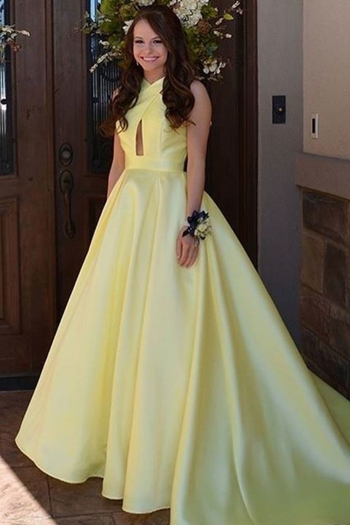 Gorgeous A-line Yellow Long Ball Gown with Key Hole Prom Evening Dresses cg13974