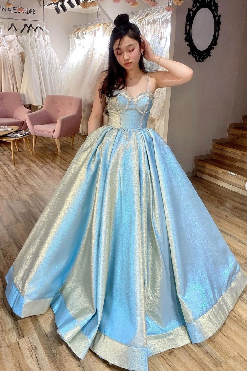Blue sweetheart satin long prom dress blue sweet 16 dress cg13989
