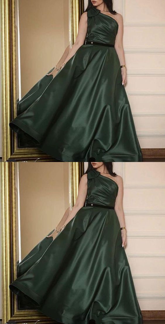 One shoulder dark green prom dresses cg13994