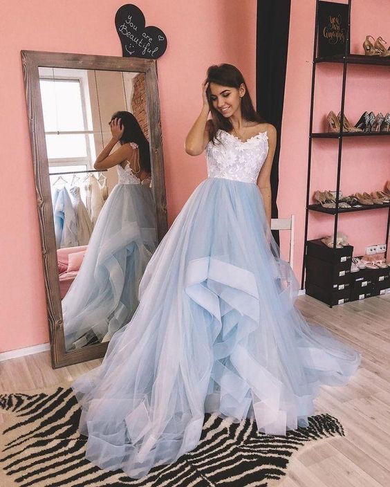 Sky Blue Prom Dresses Tulle Dress with Lace cg13995