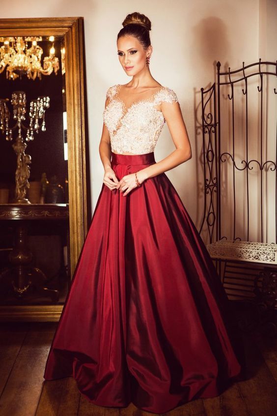 Elegant Formal Dresses illusion Neck Cap Sleeve Beads A Line Satin Burgundy Evening prom Gowns cg14002