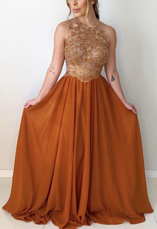 Elegant Gold Lace Beaded Prom Chiffon Dresses Open Back cg14004