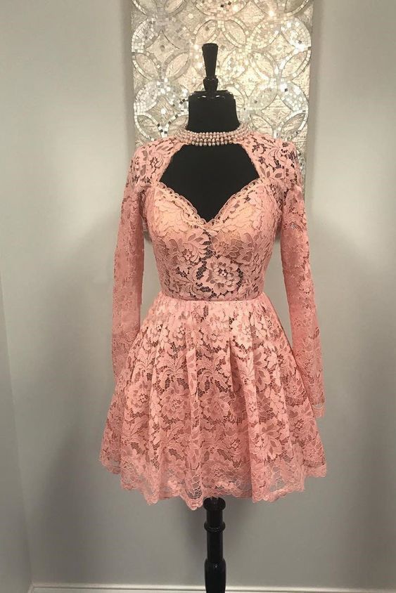 Sweetheart Long Sleeves Pink Lace Short Homecoming Dress cg14021