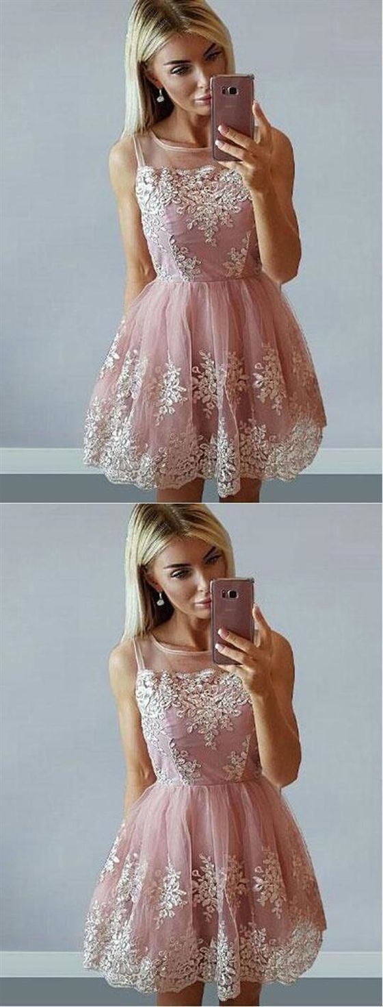 Pink Lace Sleeveless A Line Cocktail Dresses Cheap Homecoming Dresses cg14035