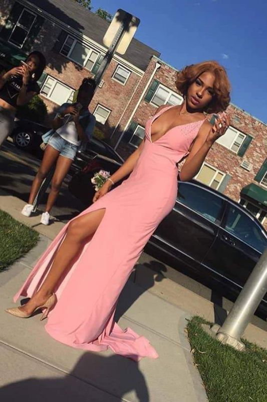 Unique Pink Spaghetti Strap Sleeveless Side Slit Evening prom Gown cg14041