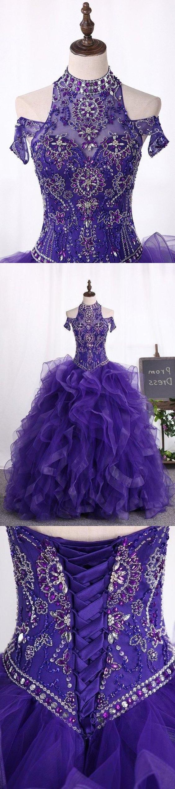 Ball Gown Tulle Quinceanera Prom Dresses High Neck Beaded Bodice Sweep cg14044